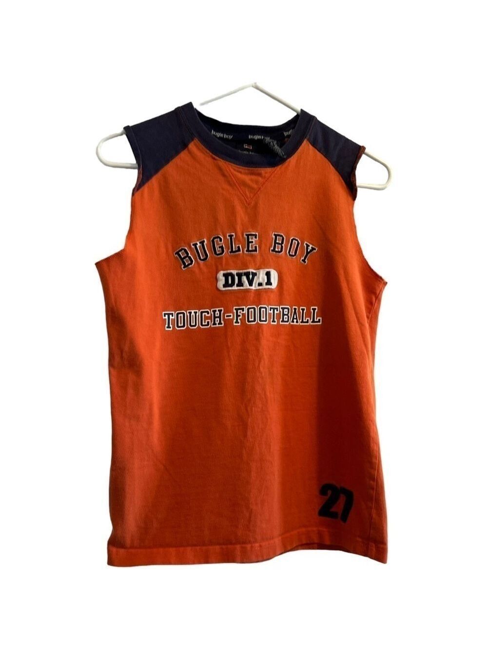 Bugle Boy Football Jersey, Boys Size: 10 / 12 Orange & Navy Blue Sleeveless #27